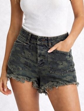 Free People We The Free Commander Camo Denim High Rise Raw Hem Shorts Size 25